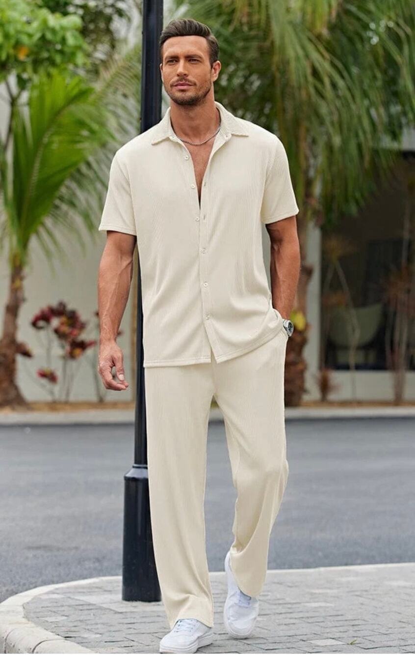Coofandy Men 2 Piece Linen Beach Outfit Short Sleeve Shirt Pants Set Size XL New